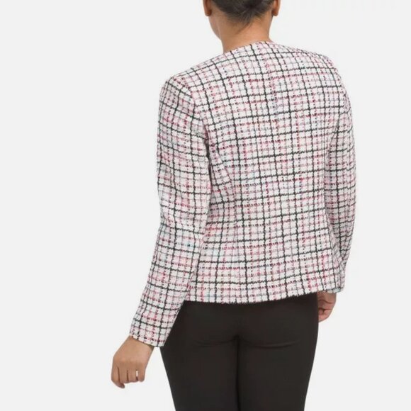 NWOT ANNE KLEIN WHITE PINK TWEED OPEN FRONT CAREER JACKET BLAZER Collarless - Picture 3 of 7